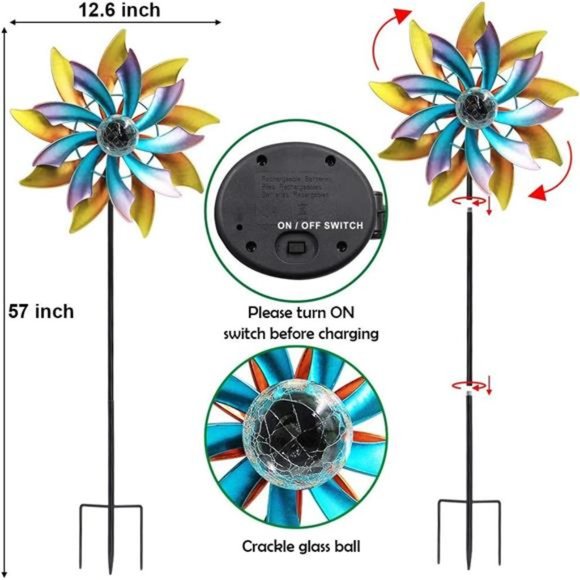 57 Inch Solar Wind Spinner with Metal Garden Stake, Multi Color Changing LED - Picture 4 of 5